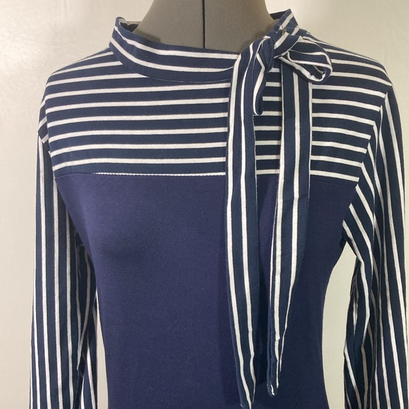 Zeagoo Top Women Size M Navy & White Stripes Long Sleeves High Neck w Tie - Picture 2 of 8